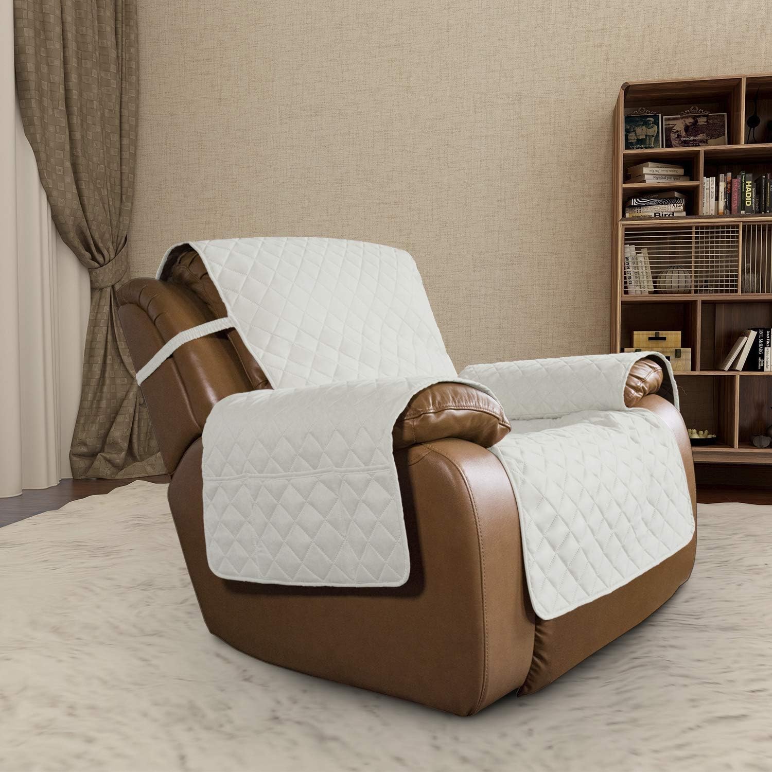 Easy-Going Oversized Recliner Cover Reversible Couch Cover Sofa Cover for Living Room Water Resistant Furniture Protector with Elastic Straps for Pets Dog (Oversized Recliner, Ivory/Ivory)