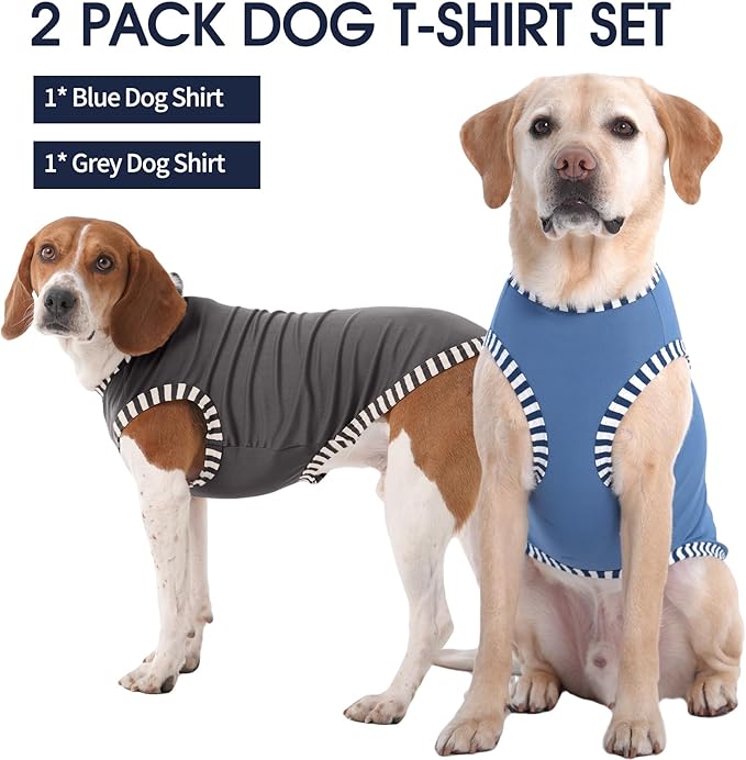IECOii 2 Pack Large Dog T-Shirt | Non-Restrictive Fit for Running, Breathable Summer Wear - Non-stuffy Design - Keeps Pups Comfortable in Hot Weather, Grey+Blue, 2XL