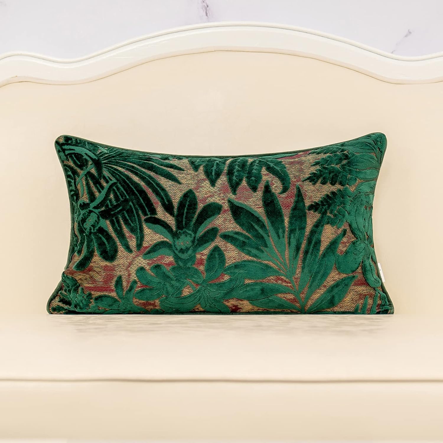 Alerfa 12 x 20 Inch Green Teal Rectangle Maple Leaf Pillow Embroidery Cut Velvet Cushion Case Luxury Modern Lumbar Throw Pillow Cover Decorative Pillow for Couch Sofa Living Room Bedroom Car