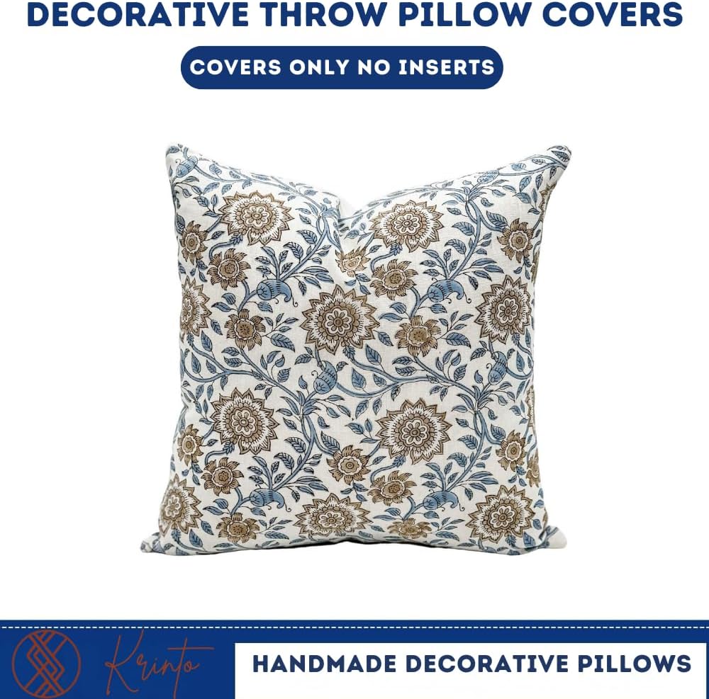 Designer Floral Print on Off White Linen Pillow Cover, Blue and Beige Pillow, Boho Décor Pillow, Decorative Throw Pillow Covers, Neutral Decor (Light Blue, 20x20)