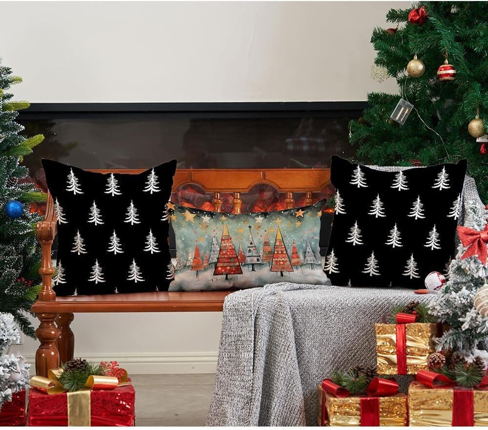 DFXSZ Christmas Pillow Covers 16x16 inch Set of 2 Christmas Tree Decorative Black Throw Pillow Covers Winter Famliy Decoration for Home Couch TH-30D16