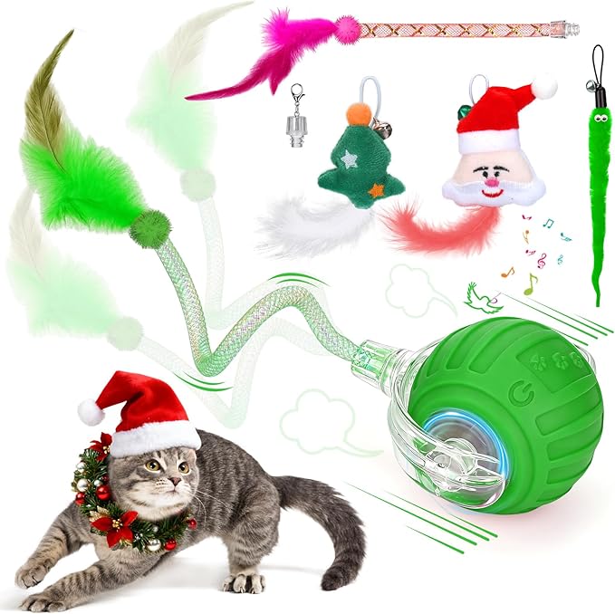 BABORUI Interactive Cat Toy Ball - Automatic Christmas Cat Toys for Indoor Cats with 5 Tails, 2 Speeds Rechargeable Cat Enrichment Toys for Small/Medium/Large Cats to Keep Them Busy