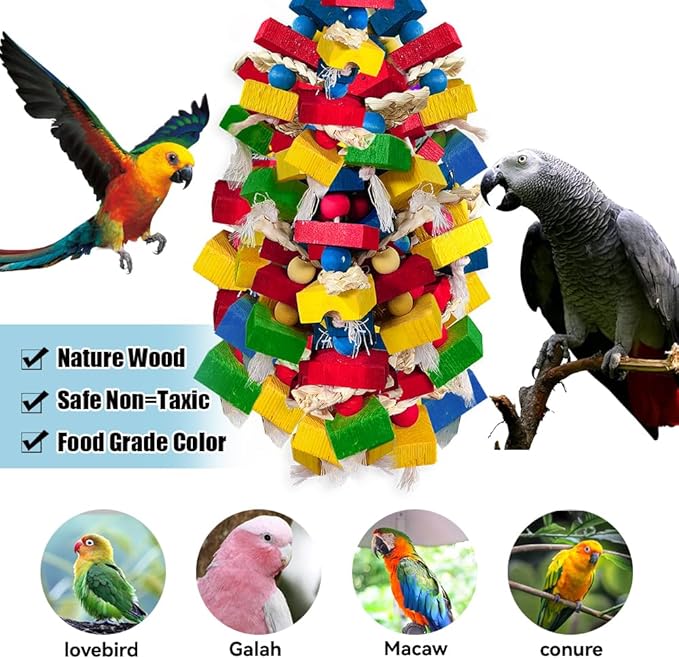 Parrot Toys for Large Birds, Multicolored Wooden Blocks Bird Chewing Toy Parrot Cage Bite Toy for Macaws Cokatoos African Grey and Large Medium Parrot Birds (Block)