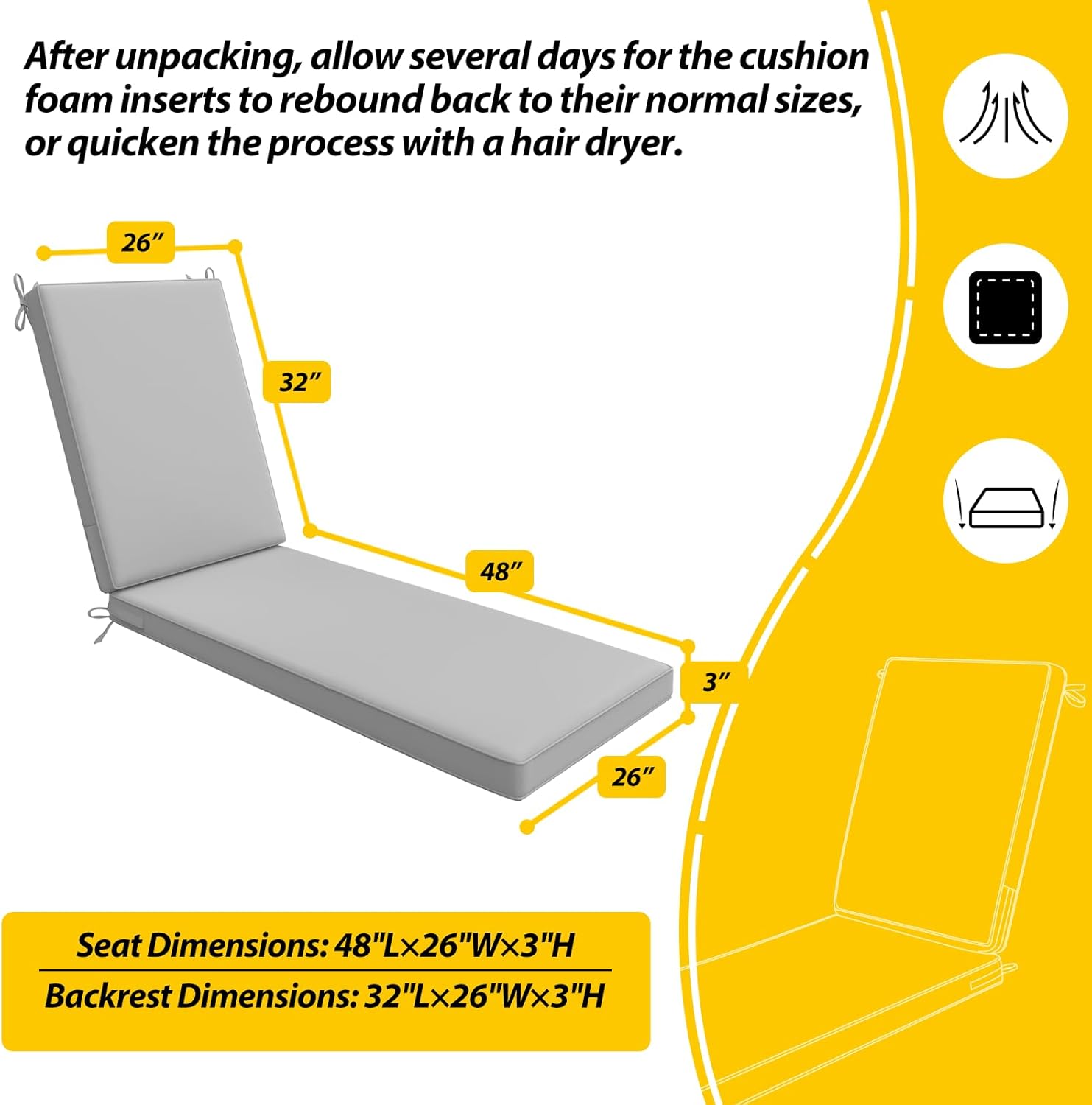 AAAAAcessories Outdoor Chaise Lounge Cushions, Waterproof, Fade-Resistant Patio Furniture Replacement Cushions, 80" x 26" x 3", Soft Gray