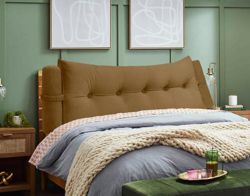 Triangular Reading Bed Rest Pillow Large Bolster Cushion Headboard Backrest Wedge Pillow with Two Detachable Roll Pillows for Neck & Lumbar Support (Brown, King: 77 x 8 x20 inches)