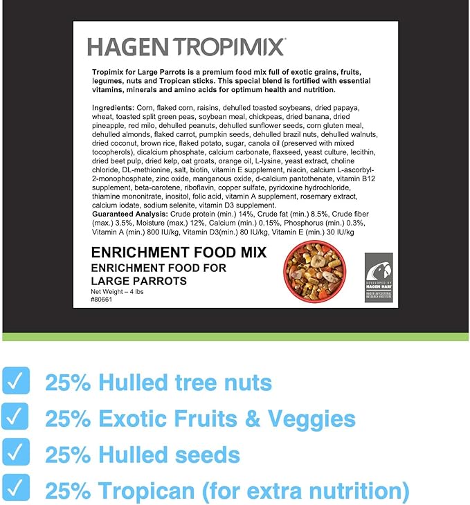 Tropimix Bird Food, Hagen Large Parrot Food with Seeds, Fruit, Nuts, Vegetables, Grains, and Legumes, Enrichment Food, 4 lb Bag