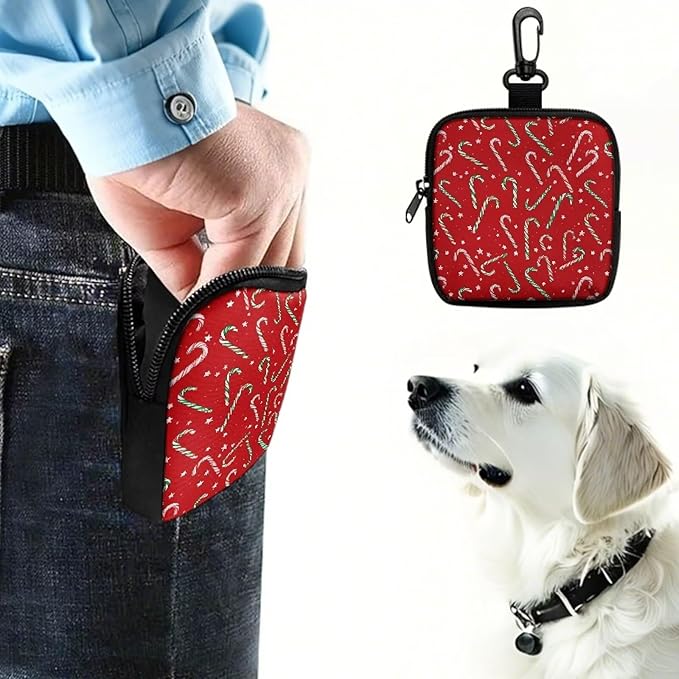 KEIAHUAN Christmas Dog Treat Bags Candy Cane Print Pet Treat Pouch for Training Small Portable Dogs Walking Bag Holder for Kibbles Pet Food Toy Puppy Trainner Essentials Supplies