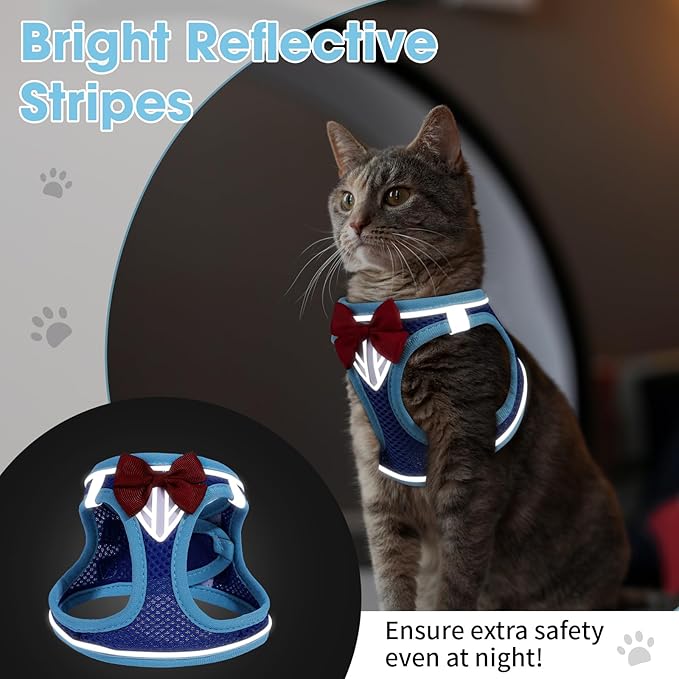 Cat Vest Harness and Leash Set for Walking, Escape Proof, Adjustable Kitten Harness Breathable Mesh with Reflective Strips, Detective Conan-Inspired Design with Glasses and Bow, Blue, L