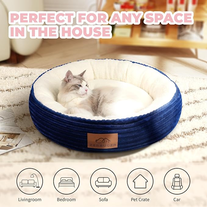 20in Washable Cat Beds for Indoor Cats - Round Donut Pet Bed for Cats, Small Dogs, Puppy, Kitten - Anti-Slip Bottom, Calming Bed Gift - Navy Blue