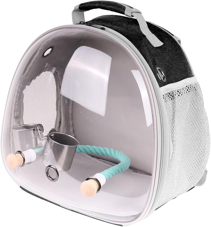 halinfer Small Bird Travel Backpack Carrier Cage with Cups, Backpack to Transport Backpack Carrier with Clamp Cups Stand Perch for Parakeet Cockatiel Budgies Vet Carry Book Bag Black