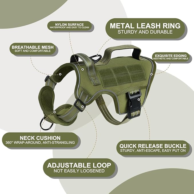 Small Dog Harness, Heavy Duty Tactical No Pull Dog Harness, No Choke, Easy On and Off Pet Vest with Molle System, Adjustable Reflective Dog Vest with Breathable Padded for Walking Hiking Training