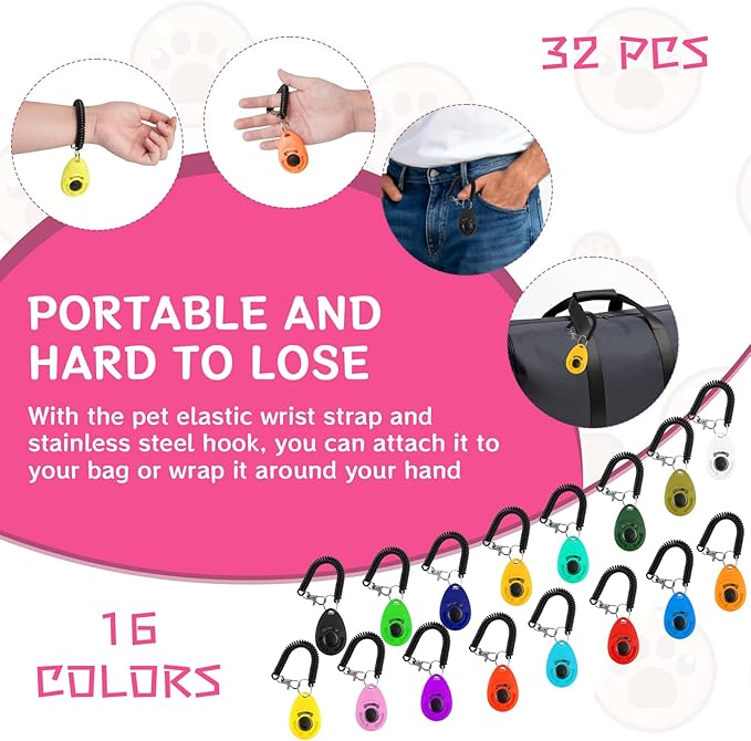 32 Pcs Dog Training Clicker with Wrist Strap Multicolor Pet Behavioral Training Accessories for Dogs Cats Horses Birds