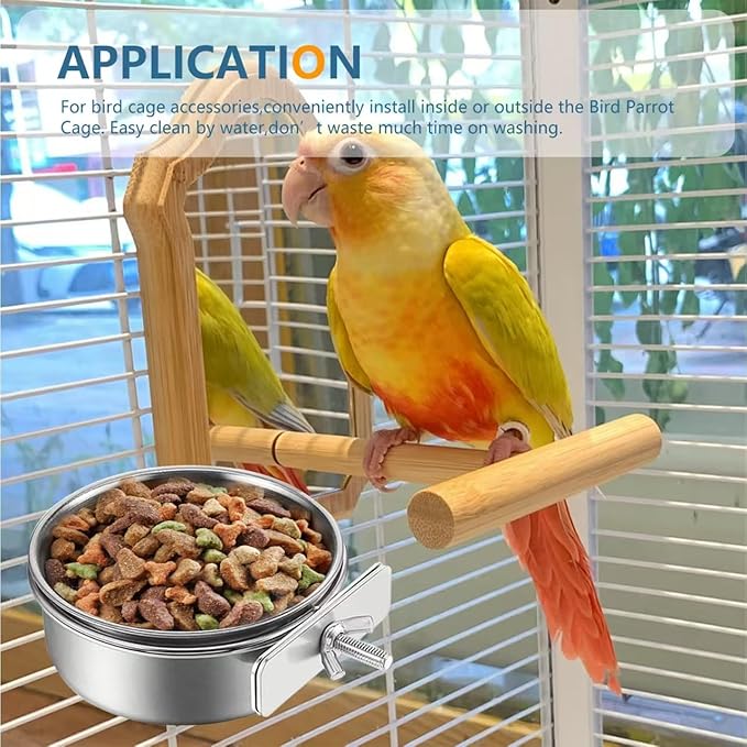 2Pcs Stainless Steel Bird Feeding Bowls, Small Bird Feeding Cup, Stainless Steel Parrot Food Bowl Cage with Holder, Parrot Cage Water Feeder, Pet Cage Cup Holder (Dia 3.93", 4.72",)