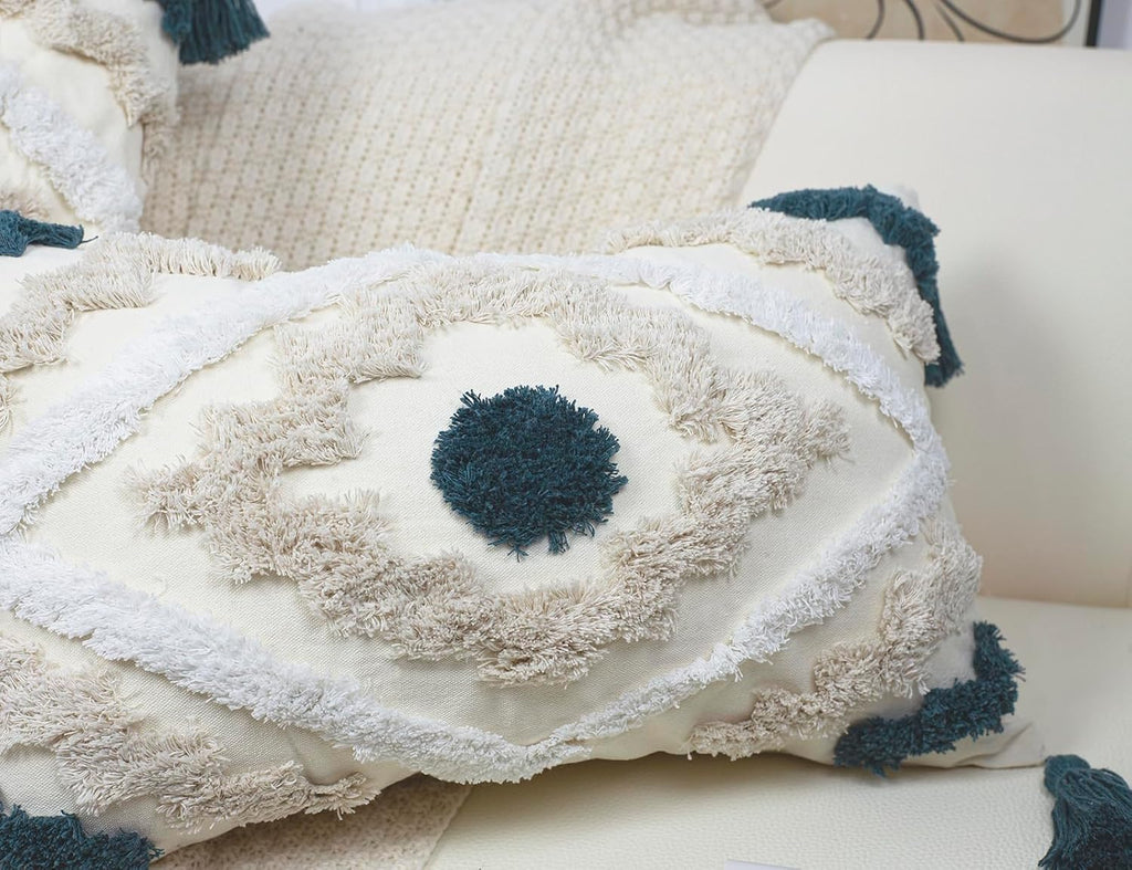 Decorative Farmhouse Throw Pillow Covers 20 x 20,Modern Neutral Couch Pillow Cover,Cotton Checked Pattern Boho Square Pillow Case Cover for Couch Bed Sofa Bedroom,Blue&Beige&White