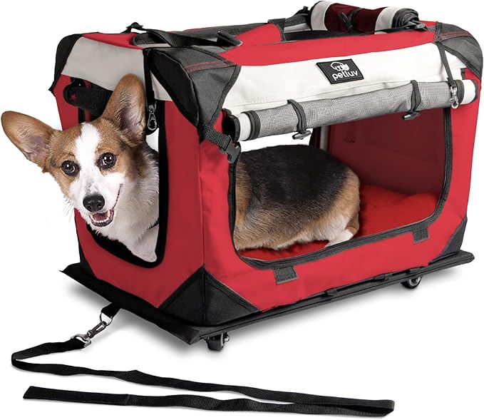 Large Cat Carrier on Wheels, Dog Carrier for 2 Cats or Medium Dog, Soft-Sided, Collapsible with Locking Zippers, Red