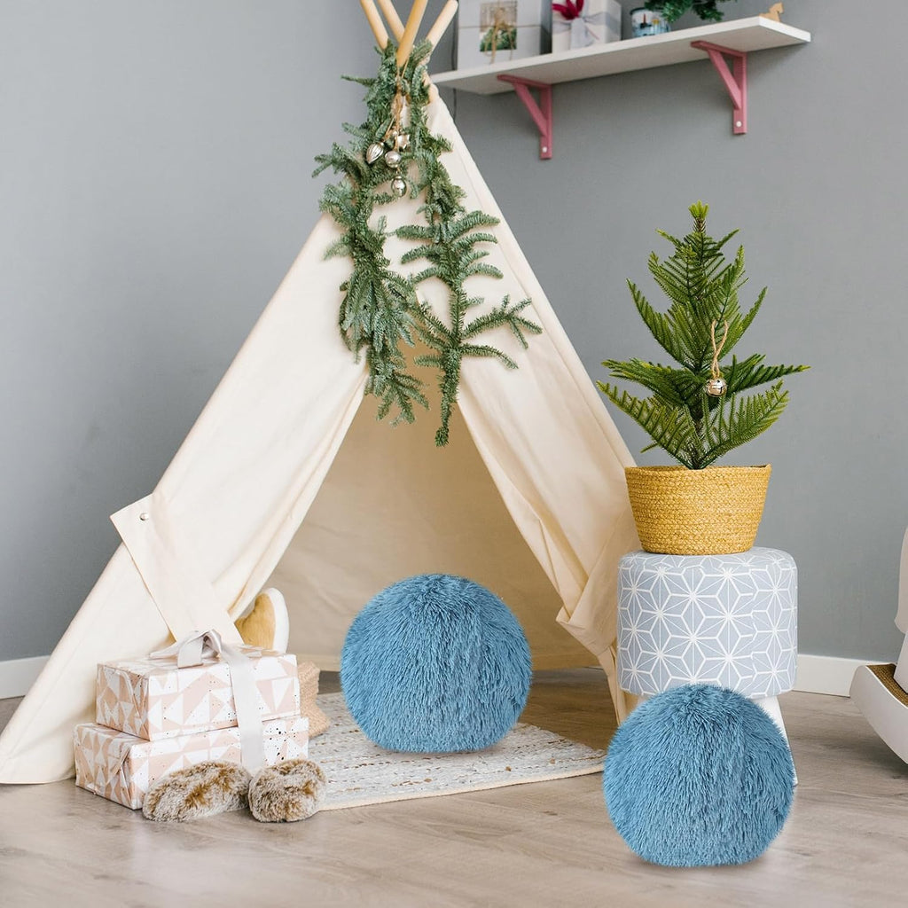 2 Pack Plush Round Ball Throw Pillow 10 Inch Nordic Soft Boucle Pillows Spherical Fuzzy Pillows Circle for Couch Sofa Bed Bedroom Living Room Office School Chair Decorations(Blue)
