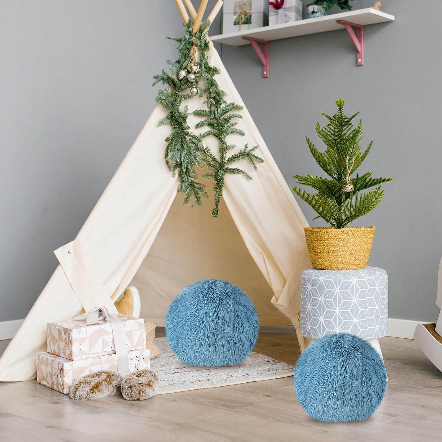2 Pack Plush Round Ball Throw Pillow 10 Inch Nordic Soft Boucle Pillows Spherical Fuzzy Pillows Circle for Couch Sofa Bed Bedroom Living Room Office School Chair Decorations(Blue)