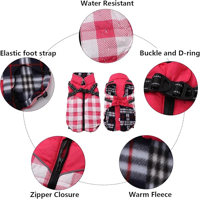 Dog Coat with Harness,Small Dog Winter Coat,Doggie Jackets with Built in Harness,Adjustable Warm Jacket for Medium Large Dogs,Pet Puppy Cold Weather Coats for Dogs Waterproof (PlaidPink, XX-Large)