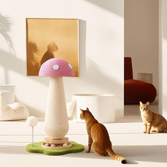 21.5‘’ H Cat Scratching Post with Catnip,Cute Mushroom Cat Scratcher Post with Durable Natural Solid Wood Turntable Toy,Baby Pink Mushroom Shape Design Cat Toy Cat Sisal Scratcher for Indoor Cats