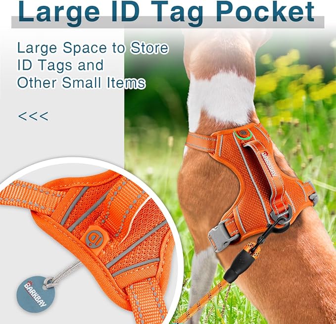 BARKBAY Dog Harness No Pull with ID Tag Pocket - Heavy Duty, Reflective, Easy Control for Large Dogs(Orange,M)