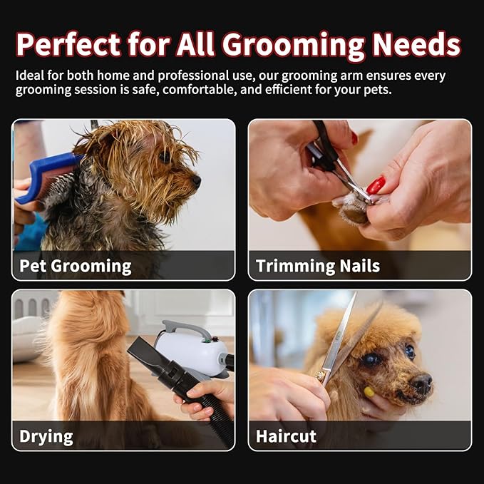 Dog Grooming Table Arm with Hammock - Adjustable Height, Pet Grooming Hammock, No Sit Haunch Holders, Loop Noose Heavy-Duty Clamp (Black)