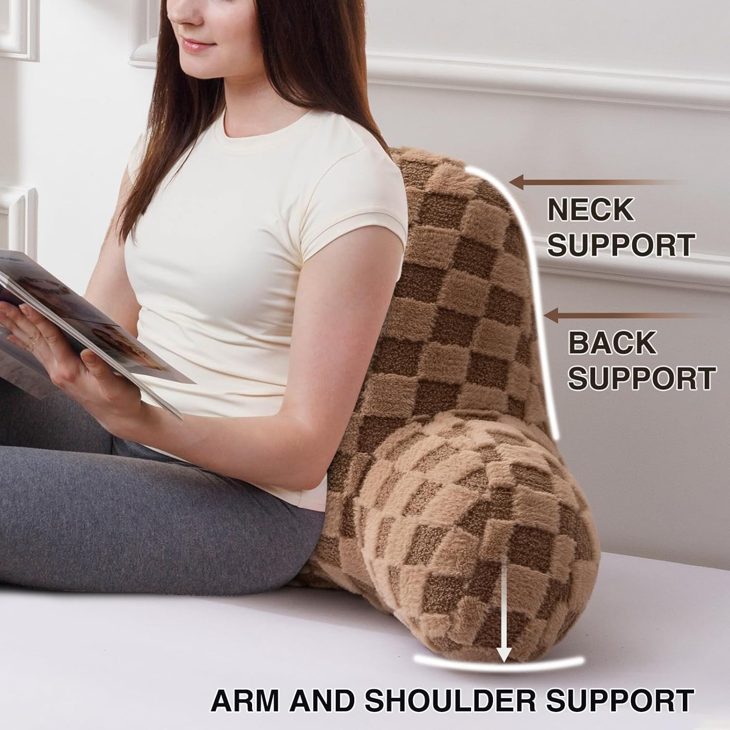 A Nice Night Faux Fur Reading Pillow,Checkered Fluffy Grid Plaid,Bed Wedge Pillow Large Adult Children Backrest with Arms for Bedrest,Brown