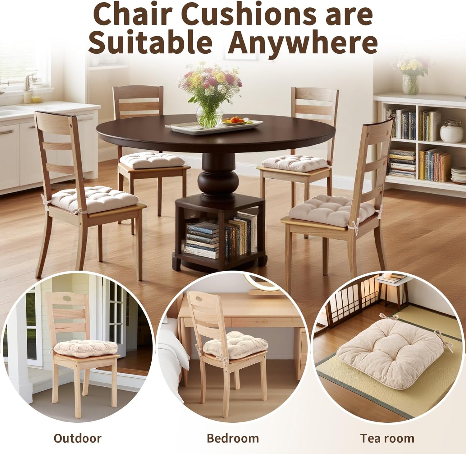 Chair Cushions for Dining Chairs, Tufted Foam Kitchen Chair, Non-Slip Seat Cushions with Ties Set of 4, 15.5" x 15.5" x 4", Beige