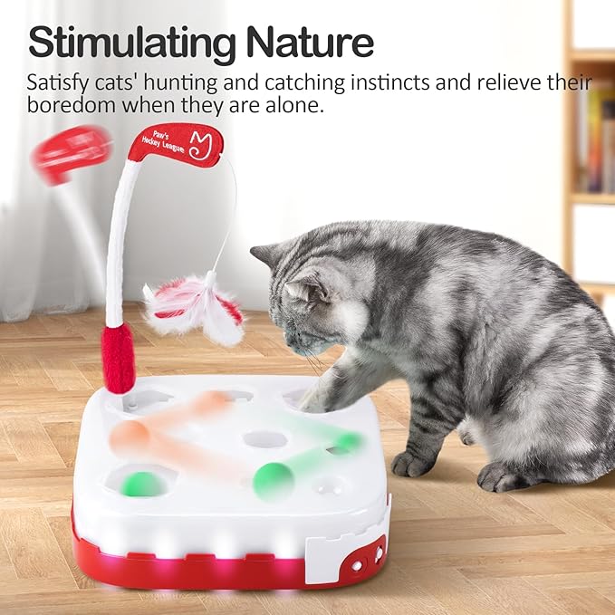 Migipaws 5-in-1 Interactive Cat Toy,Motion Activated Indoor Playset with Automatic Pop Bounce Cat Ball,Detachable Feather Wand, Rechargeable