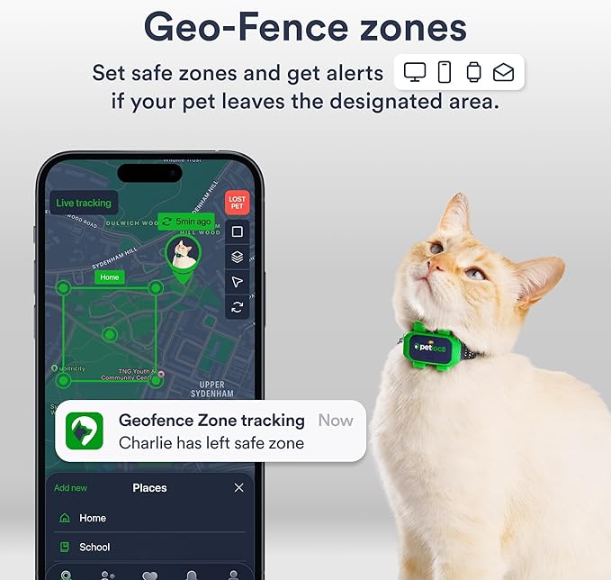 Cat GPS Tracker – Smallest Waterproof Pet Tracking Device with App, Real-Time Location, Smart Alerts & Geo-Fence, Long-Life Battery, Collar-Compatible – iOS & Android (12-Mo Subscription Included)