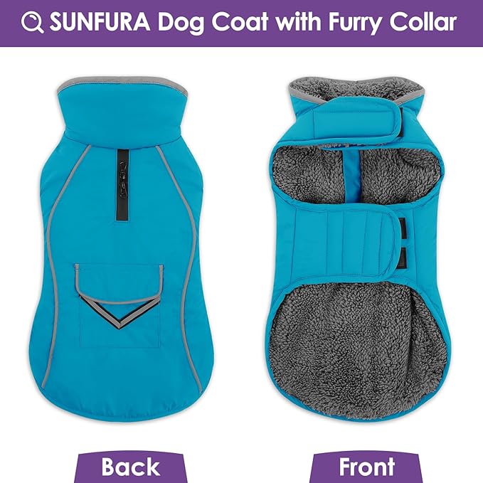 SUNFURA Dog Coat, Large Dog Jacket Reflective Winter Coat for Cold Weather, Windproof Pet Snow Jacket with Pocket, Warm Fleece Sweater Clothes for Large Dogs, Turquoise L