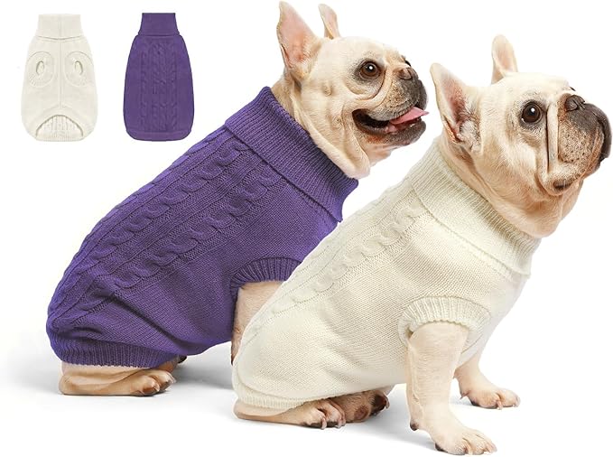 2 Pack Dog Sweaters for Small Dogs - Puppy Medium Warm Clothes in Winter, Turtleneck Pullover Design for Boy Girl Pet, Doggie, Cat, Kitten Chihuahua Bulldog Pug Beagles (XS, Purple, Beige)