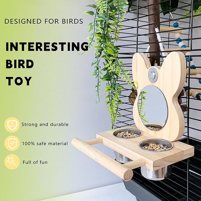 Bird Mirror Parrot Perch with Mirror and Stainless Steel Feeding Cups for Parakeets Cage Swing Wooden Mirror Fun Play Toy for Birds Lovebird Conures Cockatiels