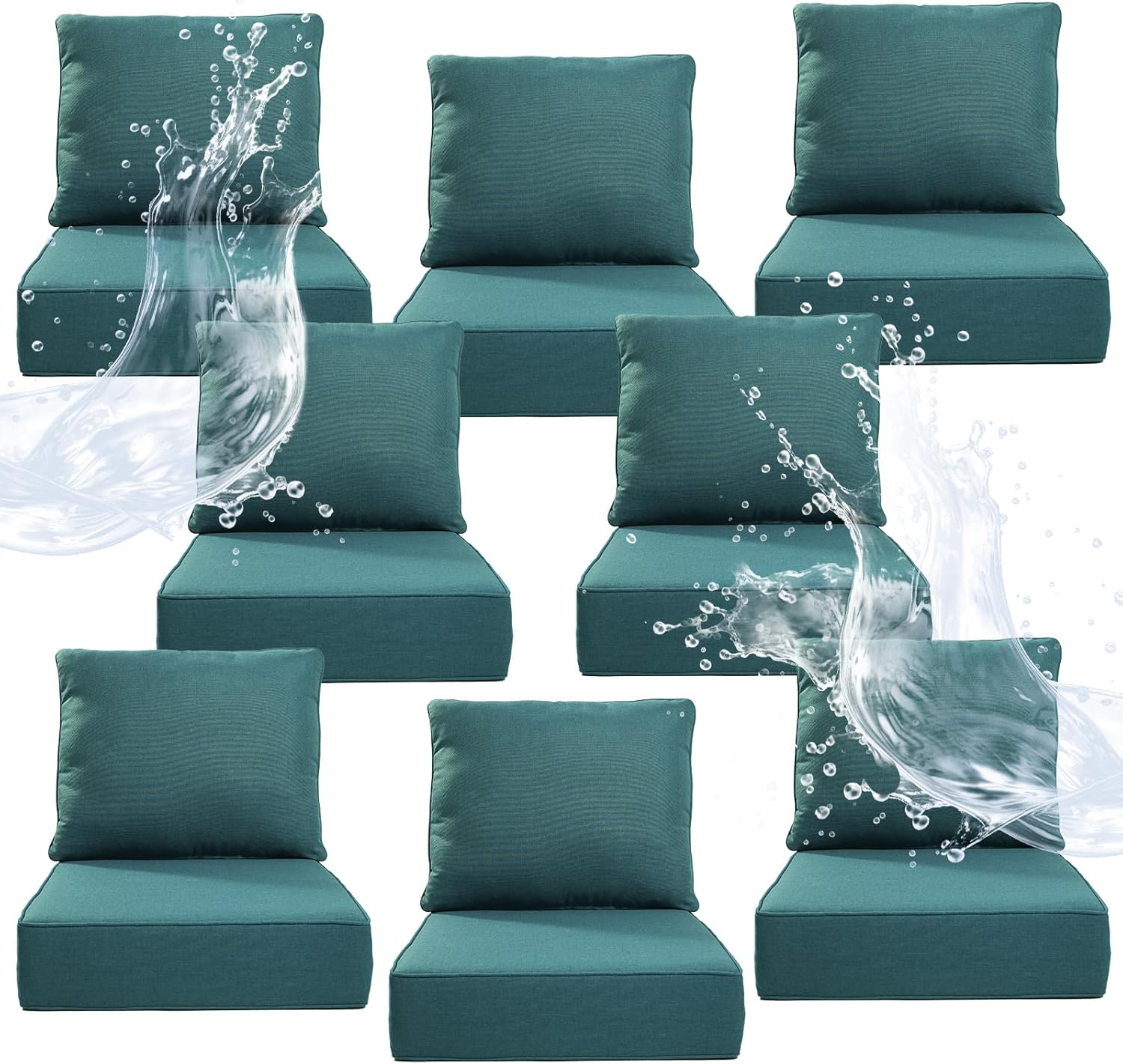 6" Thicker Outdoor Chair Cushion 8 Sets - 24" *24" *6" Waterproof Patio Furniture Cushions with Removable Cover, 28D High Density Sponge Filling Thicken Outdoor Patio Cushions - Peacock Blue