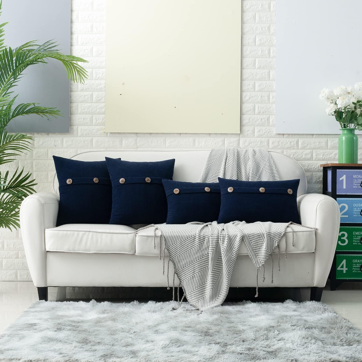 HWY 50 Navy Blue Decorative Rectangle Throw Pillow Covers Set Cushion Cases with Triple Buttons 12x20 Inch, Chenille Soft Farmhouse Accent Pillowcase for Couch Sofa Bed Pack of 2