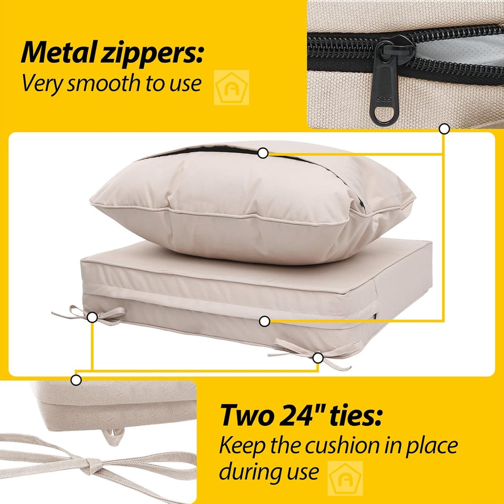 AAAAAcessories Outdoor Deep Seat Cushions, Waterproof, Fade-Resistant Patio Furniture Replacement Cushions, 23.5" x 25.5" x 5" + 23.5" x 19", Set of 4, Khaki Beige