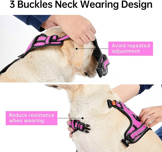 IVY&LANE No Pull Dog Harness for Large Dogs, Dog Vest Harness with Leash, Safety Belt and Storage Strap, Fully Adjustable Harness, 360° Reflective Strip, Soft Handle (Fuchsia Pink, L)