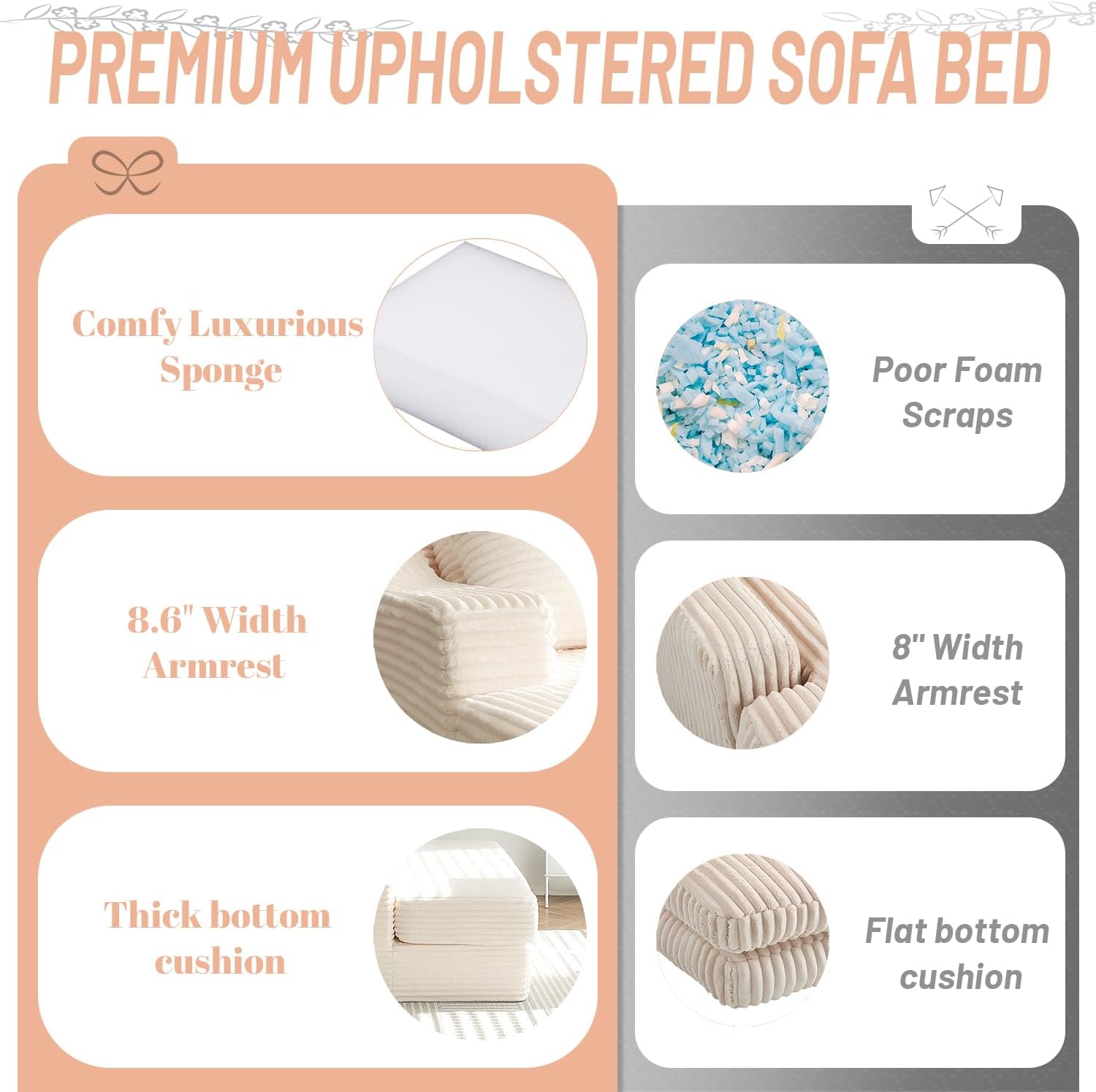 55 Inch Chaise Lounge Indoor - Oversized Chaise Lounge with 4 Throw Pillows and Armrets, Upholstered Plush Sofa Bed, Corduroy Lazy Chair Bed, Sleeper Chair for Living Room or Bedroom, Beige