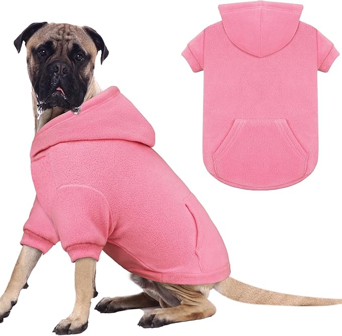 Dog Sweaters for Large Dogs,Extra-Large Dog Hoodie,Warm Fleece Sweatshirt with Hood & Pocket,Leash Hole,Cozy Cold Weather Pet Clothes Sweater Hoodie for Large Dogs(Pink,XXL)