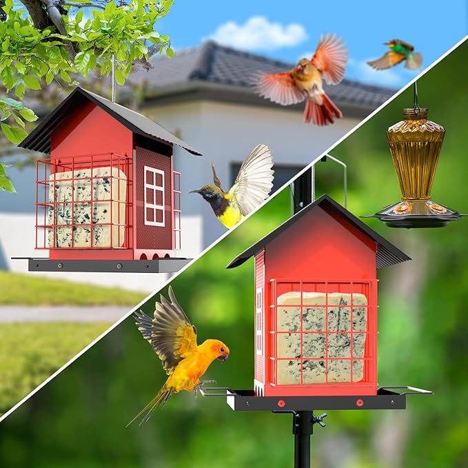 Bird Feeders for Outdoors Hanging, Metal Bird Feeder with Double Suet Cage Cake, Large Capacity, Birdfeeders Sturdy & Weatherproof, Easy to Clean & Refill, Great for Attracting Wild Birds