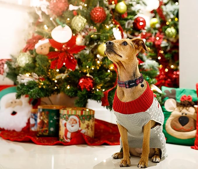 DOGWONG Christmas Cotton Dog Collar, Heavy-Duty Red Plaid Dog Collar Durable Soft Fabric Pet Dog Collars Cute Christmas Checked Puppy Necklace for Large Dogs