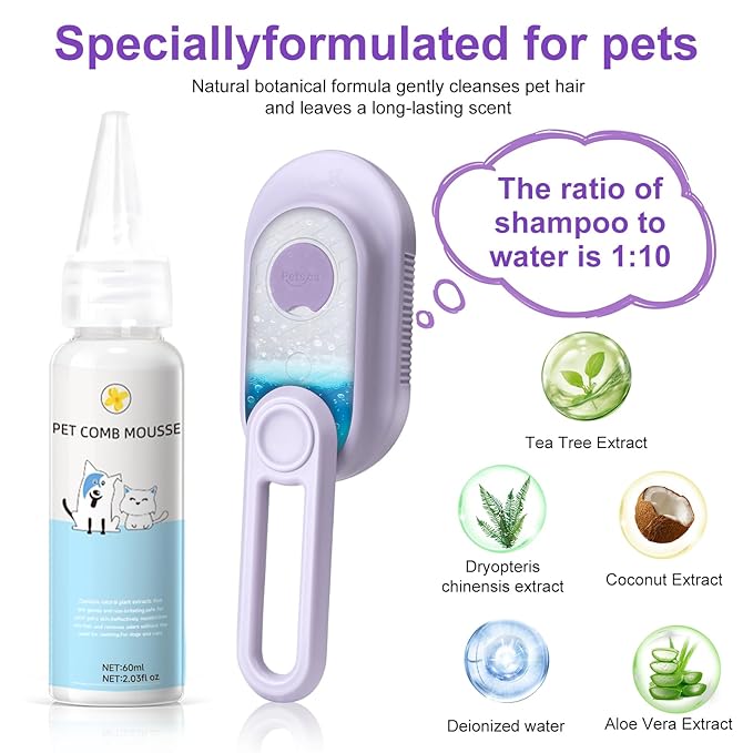 Steam Brush for Cat & Dog – 3-in-1 Spritz Pet Spray Hair Removal Comb for Grooming & Shedding Steam – Water Brush for Long & Short Haired Pets– Includes Two Bottles Waterless Shampoo