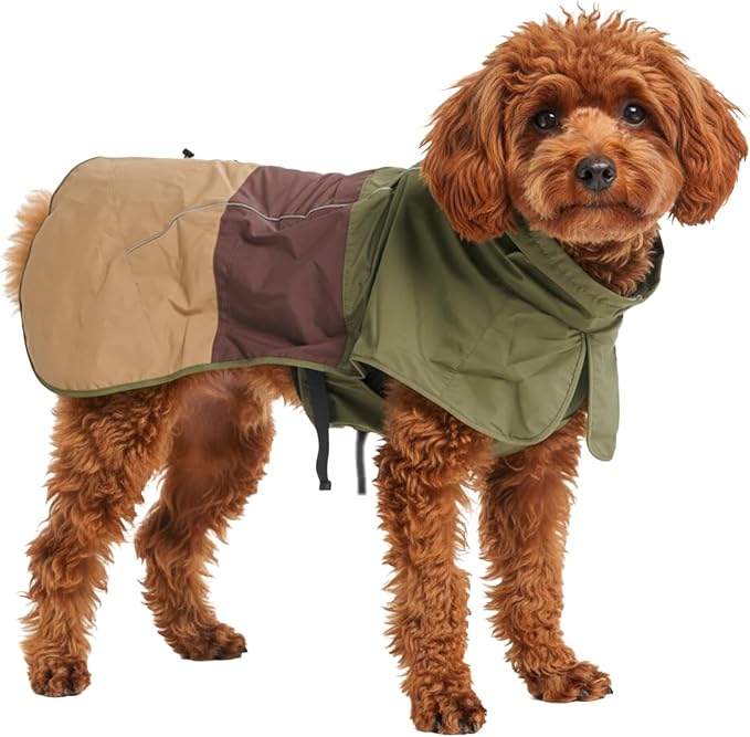 Spark Paws Dog Raincoat, Waterproof Windproof Rain Jacket, for Small Medium Large Extra Large Dogs, Reflective Breathable Full-Body Coverage Dry Suit - Green Brown Tan, S
