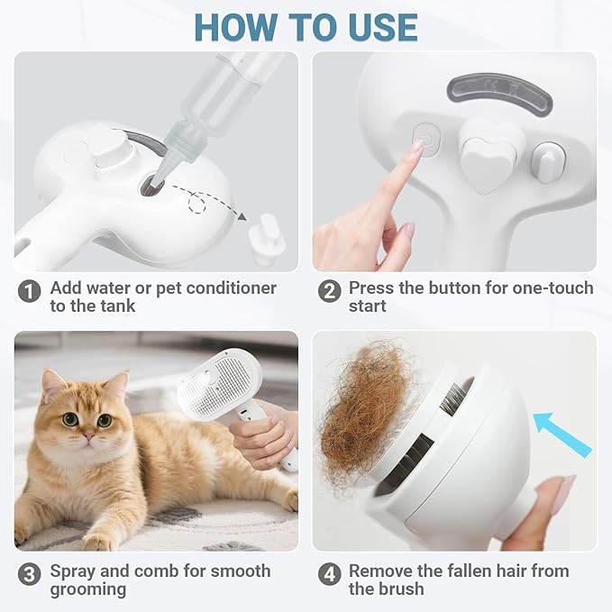 Pet Steam Brush for Dogs & Cats with Pet Conditioner, 4 in 1 Spray Hair Removal Comb for Shedding & Grooming, Self Cleaning Water Brush for Long & Short Haired Pets