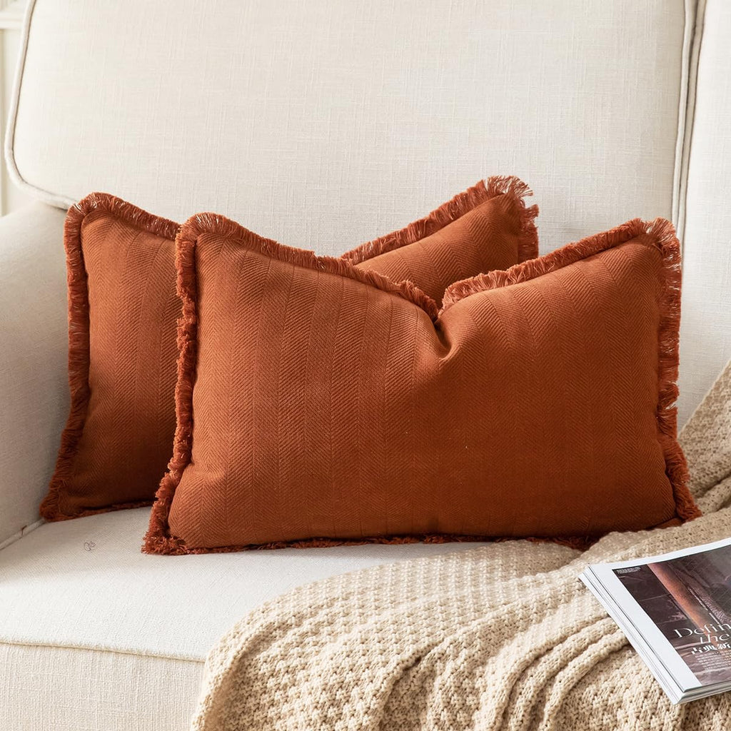 Set of 2 Decorative Fringe Throw Pillow Covers Chenille Pillow Covers Elegant Design Pillowcase Soft Tassels Cushion Cover for Couch Bed Home Decor,12×20 Inch,Rust