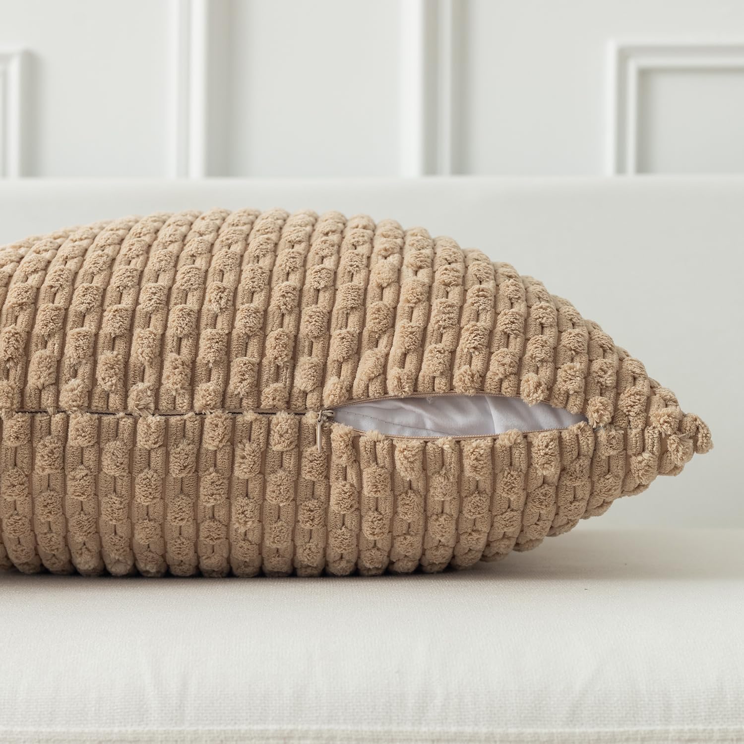 Kevin Textile 20x54 Inch Long Body Lumbar 1 Pack Boho Decorative Throw Pillow Cover Soft Striped Corduroy Rectangle Cushion Case Farmhouse Accent for Living Room Couch Sofa Bed, Tan