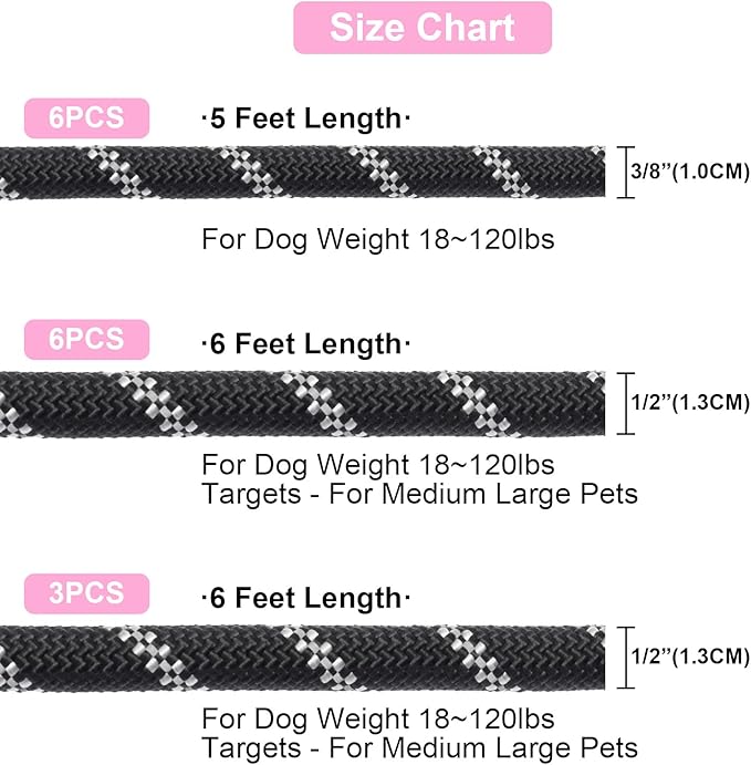 BEAUTYZOO Heavy Duty Rope Dog Leash 3 Pack, 6FT Nylon Pet Leash with Reflective Thread, Soft Padded Handle Thick Lead Strong Dog Leashes for Large Medium Dogs Small Puppy Training 6'*1/2 inch