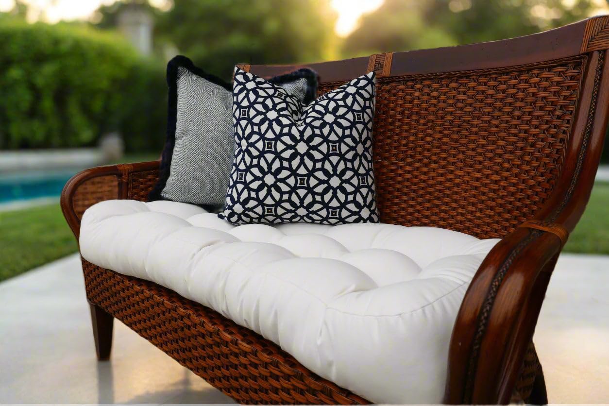 RSH DECOR: Tufted Wicker Loveseat Cushion | 41” x 19" | All-Weather Spun Fabric | Water and Fade-Resistant | Outdoor Settee Cushion for Patio Furniture | Navy & White Stripe