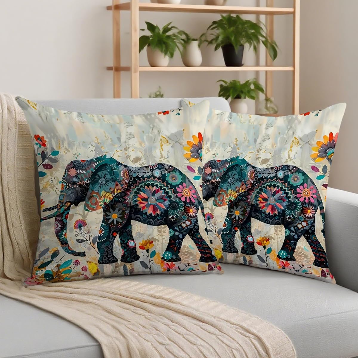 2 Pcs Elephant Throw Pillow Cover, Ethnic Style Bohemian Pattern Creative Animal Elephant Decorative Pillow Case Home Decor Square Cushion Cover for Bedroom Living Room Office Home Decor