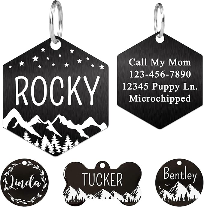 Ultra Joys Stainless Steel Personalized Dog & Cat Tags, Front & Back Engraving, Hexagon Mountain Design, Large