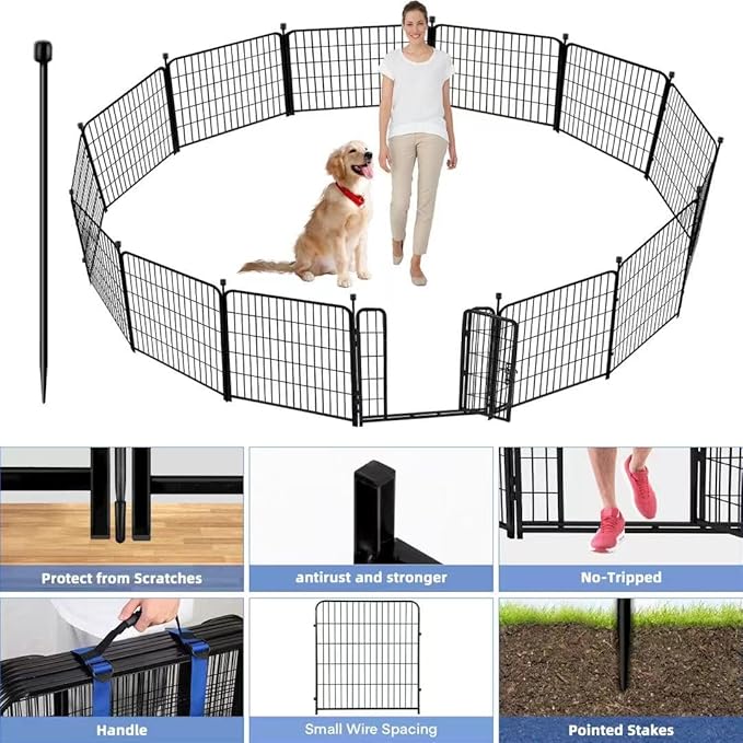 ADAVIN Tall Garden Fence 48 in(H) 12 Panels Total 26.6 FT(L), Heavy Duty Iron Metal Fence and Border, Flower Bed Fencing, outdoor Animal Barrier Fences, Dog Fences with gate for the Yard Camping,Black